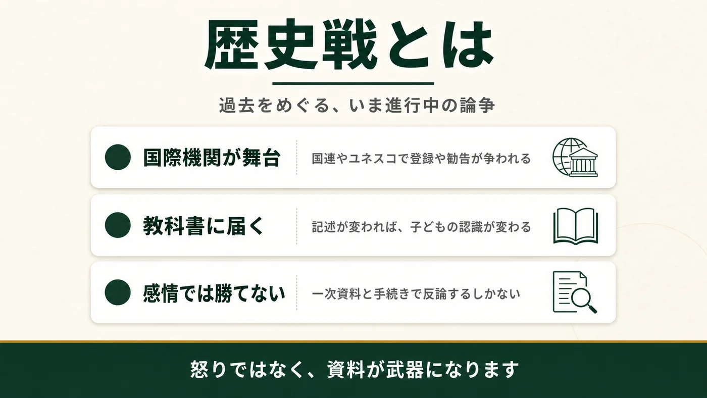国連やユネスコで登録や勧告が争われる。教科書の記述が変われば子どもの認識が変わる。感情では勝てず、一次資料と手続きで反論するしかない。